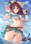  alternate_costume animal_ears belt black_hair blush breasts cleavage cloud commentary_request hair_ornament hairclip hat highres horse_ears horse_girl horse_tail kita_(kitairoha) long_hair looking_at_viewer medium_breasts mejiro_dober_(umamusume) navel ocean straw_hat tail umamusume wet 