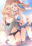  2girls bare_shoulders bikini black_bikini blonde_hair blue_bikini blue_eyes blue_jacket blush braid braided_ponytail breasts cleavage collarbone fate/grand_order fate_(series) hairband hat highres hood hooded_jacket jacket jeanne_d&#039;arc_(fate) jeanne_d&#039;arc_(swimsuit_archer)_(fate) jeanne_d&#039;arc_(swimsuit_archer)_(first_ascension)_(fate) jewelry large_breasts long_hair long_sleeves looking_at_viewer marie_antoinette_(fate) marie_antoinette_(swimsuit_caster)_(fate) marie_antoinette_(swimsuit_caster)_(third_ascension)_(fate) medium_breasts multiple_girls necklace no-kan ocean off_shoulder one_eye_closed open_mouth outdoors sidelocks smile sun_hat swimsuit thighs twintails very_long_hair wading white_hair 
