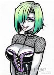  1girl artist_name breasts cleavage collar eyeshadow fishnets green_eyes green_hair hair_over_one_eye highres iahfy jade_(iahfy) looking_at_viewer makeup medium_breasts mole mole_under_eye open_mouth original patreon_username short_hair simple_background sketch solo spiked_collar spikes teeth tongue tongue_out twitter_username upper_body watermark white_background 