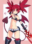  1girl armlet bare_shoulders belt black_bra black_choker black_footwear black_gloves black_shorts boots bra bracelet bright_pupils choker closed_mouth cowboy_shot demon_tail demon_wings disgaea earrings elbow_gloves etna_(disgaea) gloves highres holding holding_polearm holding_weapon jewelry looking_at_viewer makai_senki_disgaea midriff navel pointy_ears polearm red_eyes red_hair red_thighhighs shiny_skin short_hair short_shorts shorts skull_earrings slit_pupils smile solo spiked_hair standing suaman tail thigh_boots thighhighs thighs twintails underwear weapon white_belt wings 