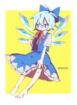  1girl absurdres barefoot blue_eyes blue_hair blue_ribbon blue_skirt blue_vest bow bowtie cirno collared_shirt feet food frilled_skirt frills fruit hair_between_eyes hair_ribbon highres holding holding_food ice ice_wings long_skirt popsicle red_bow ribbon shirt short_hair short_sleeves simple_background skirt so_happy_64 sweat sweatdrop touhou two-tone_background vest watermelon watermelon_bar white_background white_shirt wings yellow_background 