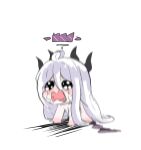  1girl ahoge all_fours black_eyes blue_archive blush chibi crying demon_horns full_body hair_between_eyes halo hina_(blue_archive) horns korean_commentary long_hair multiple_horns nude open_mouth purple_halo simple_background skyrain315 solo very_long_hair white_background white_hair 