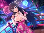  1girl architecture black_hair blue_eyes blue_flower blunt_bangs blush breasts bridal_gauntlets bridge china_dress chinese_clothes chinese_knot cleavage cleavage_cutout clothing_cutout dress east_asian_architecture fireworks floral_print flower gloves heart heart_hands hime_cut ikaruga_(senran_kagura) lace_trim large_breasts light_particles lily_pad long_hair looking_at_viewer lotus mountain mountainous_horizon night night_sky ocean official_alternate_costume official_art open_mouth outdoors palm_leaf pink_dress pink_nails senran_kagura senran_kagura_new_link senran_kagura_shoujo-tachi_no_shin&#039;ei shiny_skin short_sleeves side_slit sky smile solo sparkle standing star_(sky) starry_sky tongue tree underboob_cutout water water_lily_flower white_gloves wooden_bridge yaegashi_nan 