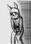  absurd_res anthro clothing hi_res lagomorph leporid male mammal monochrome rabbit rottenshangrila shy_pose simple_background smile smiling_at_viewer solo sweater topwear turtleneck 