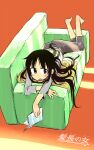  1girl barefoot black_hair couch cushion kikai_(akita_morgue) long_hair long_sleeves lying on_couch on_stomach original 