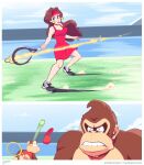  1girl 2boys angry ape artist_name ball bare_legs bare_shoulders baseball_cap biting black_eyes black_footwear black_shirt blue_eyes border breasts brown_fur brown_hair cleavage collarbone diddy_kong donkey_kong donkey_kong_(series) dress dust_cloud earrings eyelashes eyeshadow flying_spittle frown gold_earrings gorilla hair_intakes hat hat_removed headwear_removed highres holding holding_racket jewelry legs_apart lip_biting lips lipstick long_hair looking_at_object makeup mario_(series) mario_tennis mario_tennis_aces medium_breasts monkey motion_lines multiple_boys necktie nintendo nostrils outdoors parted_lips pauline_(mario) phone pixelpulp racket red_dress red_headwear red_lips red_shirt shadow shirt shoelaces shoes short_dress signature sleeveless sleeveless_dress sleeveless_shirt sneakers socks star-shaped_pupils star_(symbol) symbol-shaped_pupils teeth tennis tennis_ball tennis_pauline tennis_racket tumblr_username undershirt visor_cap watermark web_address white_border white_wristband wristband 