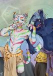  anthro bottom_shark candy_neopet destielconfession_(karina_farek) duo fangs fur gelert_(neopets) hair hi_res jumpstart_games kougra male neopet_(species) neopets nipples rainbow scoot_mckool_(karina_farek) smile striped_body striped_fur stripes tail teeth white_body white_fur 