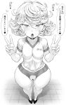  1girl absurdres bar_censor black_footwear blush breasts buruma censored covered_nipples crotchless curly_hair double_v dress full_body greyscale hair_between_eyes heart highres looking_at_viewer mogudan monochrome one-punch_man open_mouth pussy shirt short_hair small_breasts solo_focus standing t-shirt tatsumaki thick_thighs thighs tongue tongue_out v wide_hips 