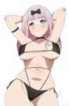  1girl armband armpits arms_behind_head arms_up ass_visible_through_thighs bikini black_bikini black_bow black_choker blue_eyes blunt_bangs blush bow breasts breasts_apart choker closed_mouth contrapposto coro_fae embarrassed fujiwara_chika hair_bow highres kaguya-sama_wa_kokurasetai_~tensai-tachi_no_renai_zunousen~ large_breasts long_hair looking_at_viewer navel paid_reward_available pink_hair side-tie_bikini_bottom simple_background solo split_mouth stomach sweatdrop swimsuit twitter_username wavy_mouth white_background 