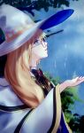  1girl blonde_hair character_request cloud cloudy_sky fate/grand_order fate_(series) from_side glasses hand_up hat highres long_hair looking_up morgan_le_fay_(fate) pistachiohyeah profile rain round_eyewear sky solo upper_body witch_hat worried 