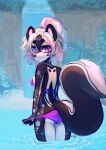  anthro bikini bikini_bottom bikini_pull bikini_top butt clothing clothing_pull female hair heterochromia hi_res kolae mammal mephitid partially_submerged ponytail rear_view skunk skunk_tail swimwear swimwear_pull water 