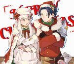  1boy 1girl :&gt; blue_hair candy felix_hugo_fraldarius fire_emblem fire_emblem:_three_houses fire_emblem_heroes food hat highres holding holding_candy holding_food lysithea_von_ordelia official_alternate_costume ohima17 open_mouth santa_costume santa_hat sitting smile white_hair winter_clothes 
