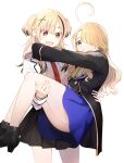  2girls ahoge arms_around_neck black_footwear black_hair black_jacket black_skirt blazer blonde_hair blue_skirt brown_sweater carrying commentary_request crossover green_eyes hair_ornament hair_over_one_eye high_heels highres jacket kishuku_gakkou_no_juliet kuroneko_to_majo_no_kyoushitsu long_sleeves multicolored_hair multiple_girls natsupa necktie open_clothes open_jacket pantyhose parted_bangs pleated_skirt princess_carry red_eyes red_necktie shirt simple_background skirt somali_longhaired streaked_hair sweater two_side_up white_background white_jacket white_pantyhose white_shirt 