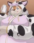  absurd_res anthro antlers blue_eyes bottle brown_body brown_fur clothing container deer fur hi_res horn kazusa kigurumi licking licking_lips looking_at_viewer male mammal milk moobs one_eye_closed onesie overweight solo tamacolle tongue tongue_out wink yukkuru7 