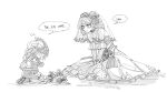 2girls bare_shoulders blush bouquet braid braided_ponytail breasts collarbone crystal_rose_gwen double_bun dress drill_hair flower greyscale gwen_(league_of_legends) hair_bun hand_up highres league_of_legends long_hair long_sleeves looking_at_another looking_down medium_breasts monochrome multiple_girls pants poppy_(league_of_legends) shoes sitting smile speech_bubble translation_request twin_drills twintails veil wariza xayahsona_27 