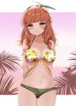  1girl alternate_costume arms_behind_back bikini blush braid breasts de_ruyter_(kancolle) floral_print green_bikini green_eyes hairband headgear kantai_collection long_hair navel red_hair smile solo stomach sunflower_print swimsuit yamashichi_(mtseven) 