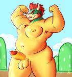  anthro armpit_hair balls belly bodily_fluids body_hair bowser butt chest_tuft chubby_anthro chubby_male erection facial_hair flexing gaygoat genital_fluids genitals horn koopa male mario_bros mustache nintendo nipples pecs penis precum scalie simple_background solo thick_thighs tuft 
