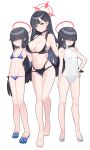  3girls absurdres arm_around_waist barefoot bikini black_bikini black_choker black_hair black_wings blue_archive blue_bikini blue_eyes blue_footwear blunt_bangs breasts choker covered_navel eyes_visible_through_hair full_body hair_ornament hair_over_eyes hairclip halo hand_on_another&#039;s_shoulder hand_on_own_hip highres ichika_(blue_archive) justice_task_force_member_(blue_archive) large_breasts low_wings multi-strapped_bikini_bottom multiple_girls navel one-piece_swimsuit red_eyes red_halo sandals side-tie_bikini_bottom small_breasts smile string_bikini swimsuit toes white_background white_footwear white_one-piece_swimsuit wings yuchi_(pixiv37424736) 