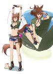  1girl agnes_tachyon_(lunatic_lab)_(umamusume) agnes_tachyon_(umamusume) ahoge animal_ears arms_up arrow_(symbol) belt bikini bikini_under_clothes black_bikini black_footwear black_gloves boots breasts brown_hair cleavage closed_eyes criss-cross_halter cutoffs denim denim_shorts flask full_body gloves green_jacket guinea_pig halterneck high_heel_boots high_heels highres horse_ears horse_girl horse_tail jacket kii-kun_(agnes_tachyon)_(umamusume) mandrake multiple_views navel notice_lines official_alternate_costume open_mouth orange_eyes riko_(ri_cotta_c) round-bottom_flask shading_eyes short_hair short_ponytail short_sleeves shorts single_glove smile stretching swimsuit tail tied_jacket twitter_username umamusume v-shaped_eyebrows white_background 