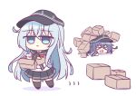  &gt;o&lt; 2girls akatsuki_(kancolle) anchor_symbol blue_eyes box buried chibi flat_cap grey_hair hair_between_eyes hat hibiki_(kancolle) highres holding holding_box kantai_collection kashimu long_hair long_sleeves multiple_girls neckerchief open_box open_mouth pleated_skirt purple_hair red_neckerchief sailor_collar school_uniform serafuku simple_background skirt stuffed_animal stuffed_penguin stuffed_toy tears thighhighs white_background 