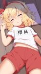  1girl :o blonde_hair closed_eyes commentary_request flat_chest gym_uniform hairband hand_up highres idolmaster idolmaster_cinderella_girls idolmaster_cinderella_girls_u149 light_blush lying messy_hair name_tag navel on_floor panties panty_peek pink_towel red_hairband red_shorts sakurai_momoka shirt short_hair short_sleeves shorts sidelocks solo thighs underwear wavy_hair white_shirt wooden_floor yuuma_(skirthike) 