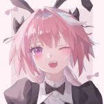  1boy :d animal_ears astolfo_(fate) astolfo_(saber)_(fate) astolfo_(saber)_(third_ascension)_(fate) black_bow black_bowtie black_dress black_hairband black_ribbon blush bow bow_hairband bowtie collared_dress crf dress fake_animal_ears fang fate/grand_order fate_(series) hair_bow hair_intakes hair_ribbon hairband long_hair male_focus multicolored_hair open_mouth otoko_no_ko pink_hair puffy_sleeves purple_eyes rabbit_ears ribbon smile solo split_ponytail streaked_hair traditional_bowtie upper_body white_hair 