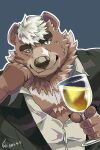  9ratar9 alcohol anthro bear beverage brown_body brown_fur champagne champagne_glass eyebrows fur goro_(live_a_hero) green_eyes hair lifewonders live_a_hero looking_at_viewer male mammal solo thick_eyebrows white_hair 