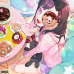  1girl bakoma_tsuno black_bow blue_eyes bow brown_hair cake copyright_name cup cushion dairoku_ryouhei dessert doughnut fang food food-themed_pillow fork from_above fruit gradient_eyes holding holding_fork indoors kiwi_(fruit) kiwi_slice looking_at_viewer multicolored_eyes one_eye_closed open_mouth osimaru pink_eyes pink_hair pink_shirt purple_shorts shirt shorts sitting star_(symbol) strawberry stuffed_animal stuffed_rabbit stuffed_toy table 