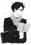  1boy black_hair black_jacket book breath carrying carrying_under_arm coat cold cropped_torso gakuran glasses greyscale highres holding holding_book jacket kodama_yuki male_focus monochrome nishimi_kaoru official_art profile sakamichi_no_apollon scarf school_uniform short_hair snow snowing solo suitcase winter winter_clothes winter_coat 