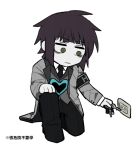  armband black_armband black_necktie black_pants chinese_commentary coat collared_shirt colored_skin commentary_request e.g.o_(project_moon) employee_(lobotomy_corporation) green_eyes grey_coat grey_vest hand_on_own_knee holding holding_key key keyring lobotomy_corporation long_sleeves male_focus necktie on_one_knee open_clothes open_coat pants project_moon purple_hair shirt short_hair simple_background smoke_(killscreen_s) translation_request vest white_background white_shirt white_skin 