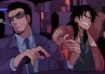  2boys black_eyes black_hair black_jacket black_necktie bomber_jacket brown_jacket car_interior cigarette cigarette_pack collared_shirt commentary_request driving endou_yuuji facial_hair fingernails goatee grey_shirt grin highres holding holding_cigarette holding_cigarette_pack inudori itou_kaiji jacket kaiji long_hair long_sleeves looking_afar looking_to_the_side male_focus medium_bangs multiple_boys necktie shirt short_bangs short_hair sitting smile smoking steering_wheel suit sunglasses upper_body very_short_hair white_shirt 