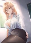  1girl absurdres azur_lane breasts chalkboard choker cleavage glasses highres huge_breasts implacable_(azur_lane) long_hair pantyhose pumpkinpaii red_eyes solo sunlight window 