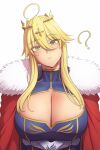  1girl ? ahoge artoria_pendragon_(fate) artoria_pendragon_(lancer)_(fate) blonde_hair breasts cape cleavage closed_mouth coat commentary crown english_commentary eyes_visible_through_hair fate/grand_order fate_(series) green_eyes greyscale hair_between_eyes hair_ornament head_tilt highres large_breasts light_blush long_hair looking_at_viewer lvl_(sentrythe2310) monochrome red_cape sleeveless sleeveless_turtleneck turtleneck upper_body white_background 
