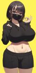  1girl black_hair black_hoodie black_shorts blue_eyes breasts collarbone commentary_request cowboy_shot hair_between_eyes highres hood hoodie huge_breasts long_sleeves looking_at_viewer mask mouth_mask navel original samegami short_hair shorts simple_background standing yellow_background 