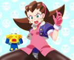  1boy 1girl annoyed blue_background blush breasts brown_hair brown_pantyhose covering_own_eyes cowboy crotch_plate dress earrings embarrassed gloves green_eyes hair_slicked_back hairband jacket jewelry kuroi_ohagi light_blue_background looking_down mega_man_(series) mega_man_legends open_clothes open_jacket pantyhose pink_dress pink_gloves pink_hairband servbot_(mega_man) simple_background sitting skull_earrings split teeth thick_thighs thighs tron_bonne_(mega_man) upper_teeth_only 