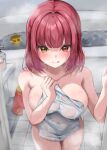  1girl :q after_bathing bare_shoulders bath bathtub blush braid breasts collarbone covered_navel dokuro-kun_(houshou_marine) heterochromia highres holding holding_towel hololive houshou_marine large_breasts looking_at_viewer naked_towel red_eyes red_hair short_hair solo steam takuty tongue tongue_out towel virtual_youtuber water wet wet_towel yellow_eyes 