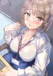  1girl :o blue_skirt blush bob_cut bra_visible_through_clothes breasts brown_eyes brown_hair buttons chair cleavage collarbone collared_shirt desk ear_piercing eyelashes from_above furrowed_brow fushimi_asuha hand_on_table hand_up highres indoors large_breasts long_sleeves looking_at_viewer looking_up mole mole_on_breast mole_under_eye name_tag office_lady on_chair open_mouth original piercing see-through shirt short_hair sitting skirt solo white_shirt 
