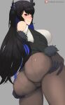  1girl ass ass_grab bare_shoulders black_gloves black_hair black_pantyhose blush breasts clothing_cutout cowboy_shot english_commentary from_behind fur-trimmed_sleeves fur-trimmed_sweater fur_trim gloves grabbing_own_ass grey_background hair_ornament highres hololive hololive_english large_breasts long_hair looking_at_viewer looking_back nerissa_ravencroft pantyhose red_eyes shoulder_cutout simple_background solo sweater white_sweater zelc-face 