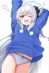  1girl arms_up ass_visible_through_thighs black_bow blue_archive blue_hoodie blush bow bow_panties commentary_request drawstring grey_hair groin hair_bow highres hood hood_down hoodie long_hair long_sleeves miyako_(blue_archive) nenosame no_pants one_eye_closed one_side_up panties polka_dot polka_dot_panties puffy_long_sleeves puffy_sleeves purple_eyes simple_background solo stretching tears underwear very_long_hair white_background white_panties yawning 