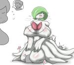  &lt;3 blush enigi09 eyes_closed facesitting female gardevoir generation_3_pokemon glistening glistening_body group hi_res human humanoid kneeling male male/female mammal mega_evolution mega_gardevoir nintendo nipple_outline pokemon pokemon_(species) simple_background sitting_on_another smile trio white_background white_body 