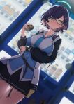  1girl absurdres blue_archive blue_cardigan blue_hair blue_necktie breasts can canned_coffee cardigan chihiro_(blue_archive) dutch_angle glasses green_eyes highres jacket large_breasts necktie pleated_skirt skirt umibudou vending_machine watch wristwatch 