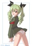  1girl absurdres anchovy_(girls_und_panzer) anzio_military_uniform ass blush breasts brown_eyes drill_hair drops_mint girls_und_panzer green_hair hair_ribbon highres large_breasts long_hair looking_at_viewer military_uniform open_mouth panties ribbon side-tie_panties simple_background smile solo twin_drills twintails underwear uniform white_background white_panties 