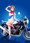  1girl absurdres antenna_hair arm_support bakuon!! blue_background blue_eyes brown_hair gradient_background hand_up high_heels highres knee_up looking_at_viewer motor_vehicle motorcycle multicolored_clothes multicolored_swimsuit one-piece_swimsuit product_placement red_footwear sakuma_masanori sakura_hane short_hair simple_background smile solo standing standing_on_one_leg swimsuit vehicle_focus wing_hair_ornament 