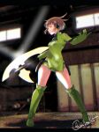  1girl aqua_eyes axe battle_axe blurry blurry_background bob_cut boots breasts brown_hair full_body gloves green_eyes green_footwear green_gloves green_shorts hair_flaps headphones highres holding holding_weapon holster indoors knee_boots konami_kirie legs_apart letterboxed light_particles looking_at_viewer pelvic_curtain profile short_hair short_shorts shorts sideways_glance signature solo standing sunlight swkzw1015 uniform weapon world_trigger 