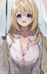  1girl absurdres atago_(kancolle) bangs blonde_hair blue_eyes breasts buttons collared_shirt hair_between_eyes highres kantai_collection large_breasts long_hair long_sleeves one-hour_drawing_challenge open_mouth picoli1313 shirt smile solo twitter_username upper_body white_shirt 