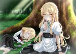  2girls absurdres apron black_skirt blonde_hair bow braid finger_to_mouth forest frilled_apron frilled_skirt frills hair_bow highres kirisame_marisa long_hair looking_at_viewer lying mini-hakkero multiple_girls nature open_mouth orange_eyes rense_1010_(number_nanashi) rumia short_hair sitting skirt sleeping sunlight teeth touhou tree white_apron white_bow wristband 