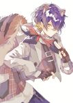  1boy animal_ears blue_pants brown_gloves coat daifugo_happy ensemble_stars! fingerless_gloves gloves grey_coat hair_over_one_eye highres looking_at_viewer male_focus multicolored_hair one_eye_covered orange_eyes orange_hair pants purple_hair sengoku_shinobu short_hair solo squirrel_boy squirrel_ears squirrel_tail tail white_background 