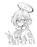  1girl blue_archive chihiro_(blue_archive) glasses greyscale halo medium_hair monochrome name_tag satou_kibi simple_background sketch solo v white_background 