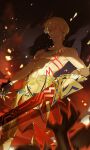  1boy :d absurdres armor blonde_hair blurry bokeh bracelet depth_of_field ea_(fate/stay_night) earrings fate/grand_order fate_(series) feet_out_of_frame from_below gilgamesh_(fate) glowing glowing_eyes gold_armor grin highres holding holding_weapon jewelry kiki7 light_particles looking_at_viewer male_focus necklace no_shirt official_alternate_costume open_mouth red_eyes shadow short_hair smile solo tattoo teeth toned toned_male topless_male upper_teeth_only weapon 