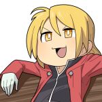  1boy :d bench black_shirt blonde_hair bright_pupils coat edward_elric fullmetal_alchemist gloves hair_between_eyes hospital_king long_bangs long_hair male_focus open_mouth red_coat shirt simple_background sitting smile solo upper_body v-shaped_eyebrows white_background white_gloves white_pupils yellow_eyes yukkuri_shiteitte_ne 